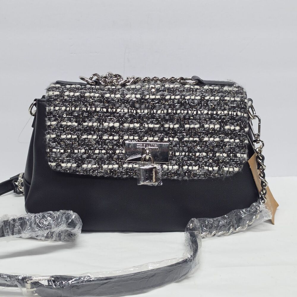 Steve Madden Tulsa Chain Top Handle Black Faux Leather Woven Accent Bag NWT